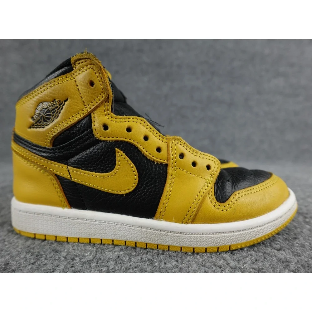 Air Jordan 1 High OG Kids Yellow Black Leather‎ Sneakers Sz 1Y